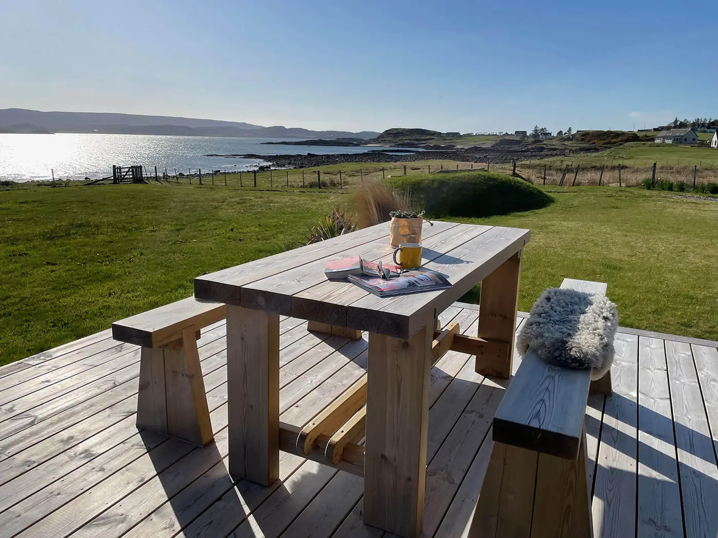 Outdoor seating sheepskin on bench