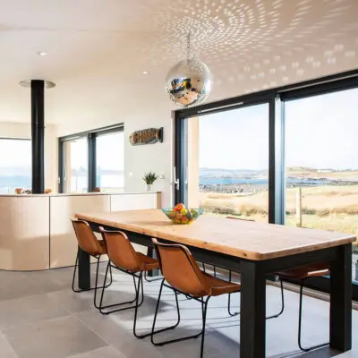 Dining area with glitter ball reflection on the ceiling